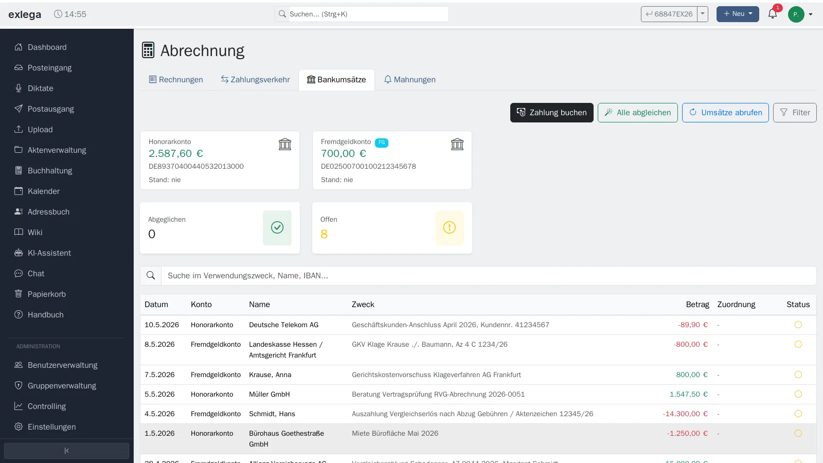 exlega Abrechnung mit RVG-Rechnung und offenen Posten