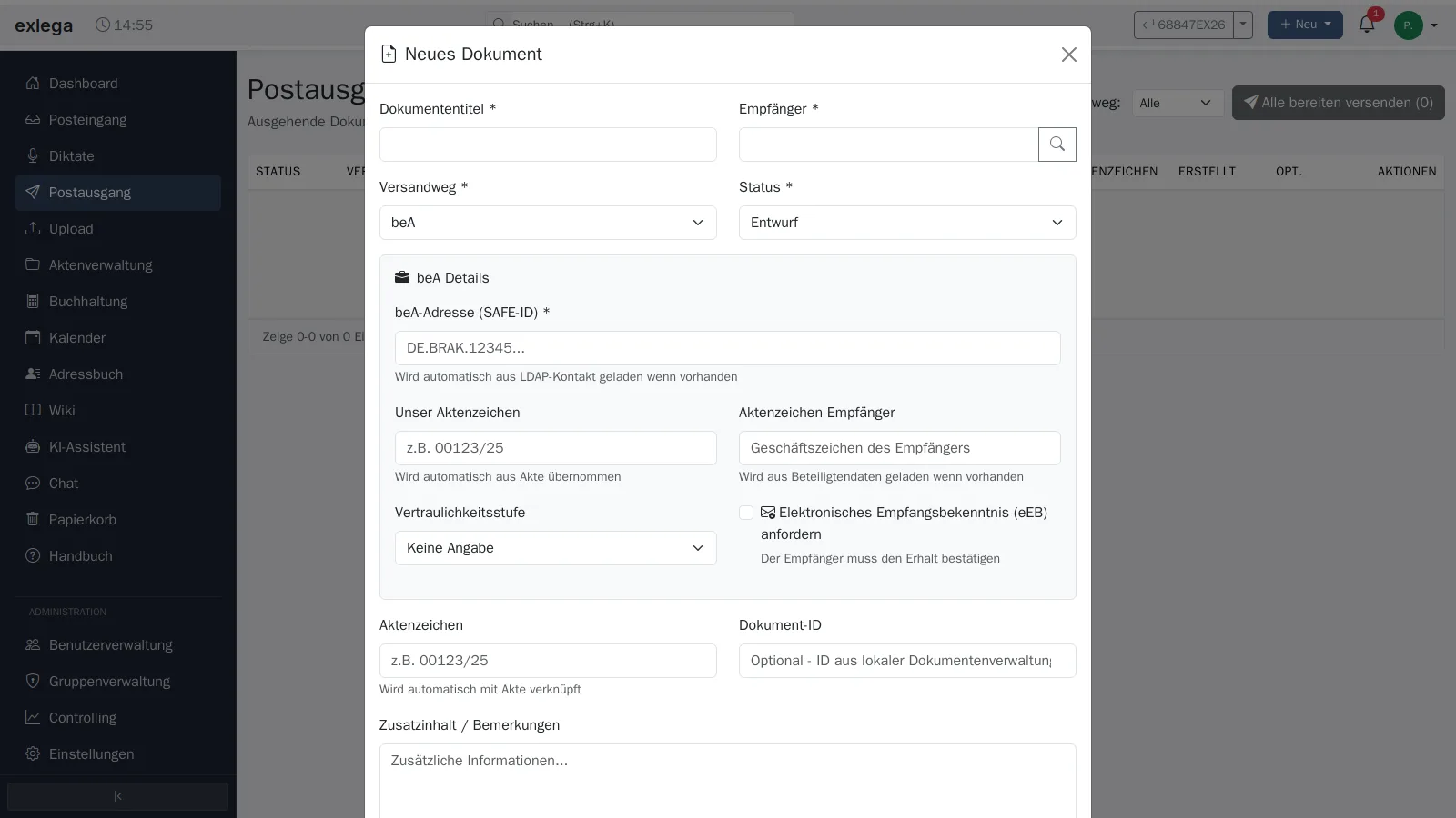 exlega beA-Integration mit Nachrichtenübersicht und Versand