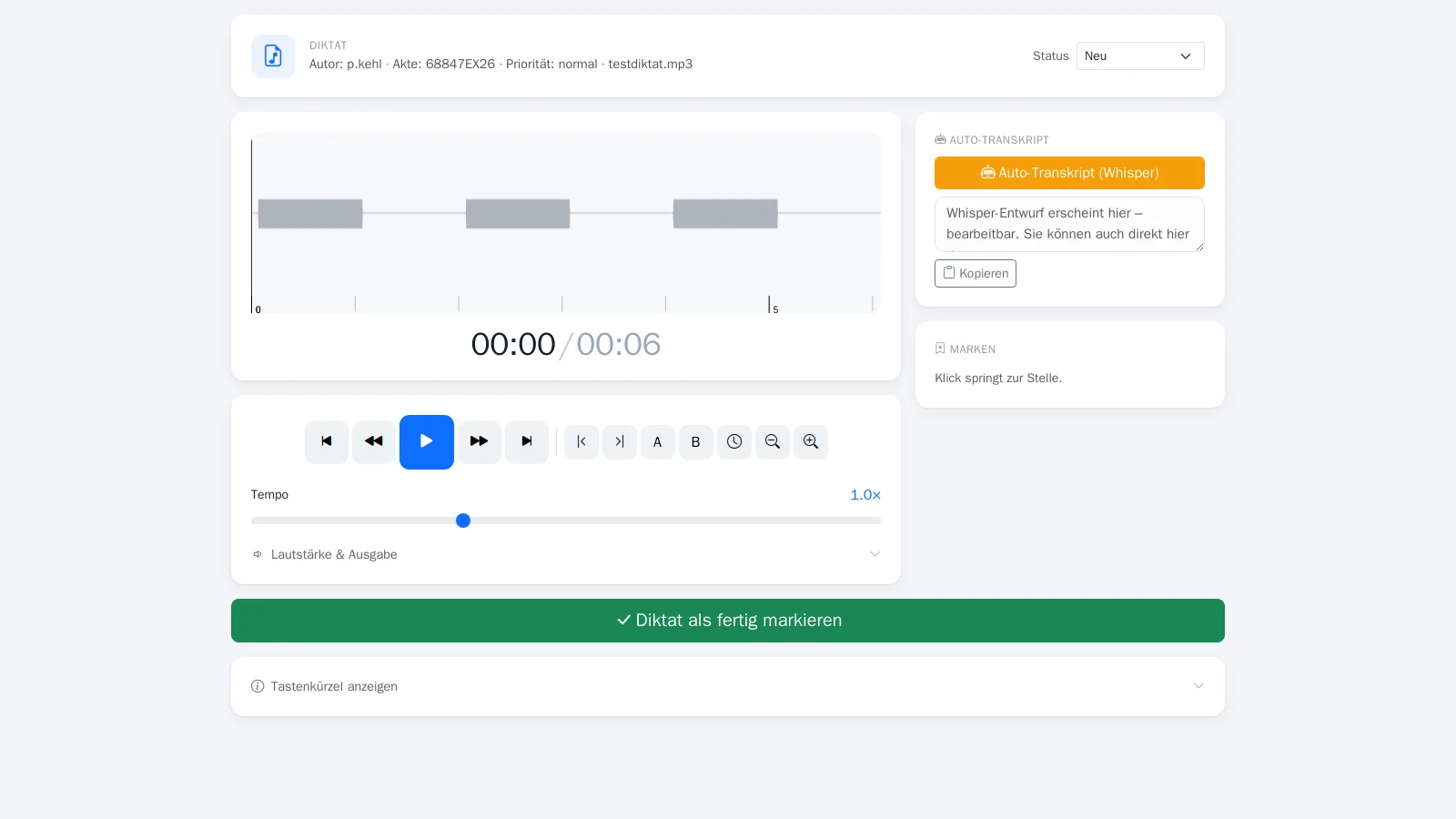 exlega Diktat-Player mit Wellenform, Tempo-Regler und Auto-Transkript
