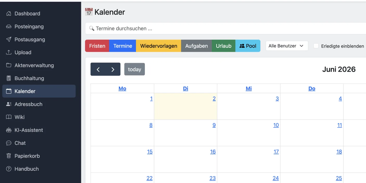 exlega Fristenkalender mit farblich getrennten Fristen, Terminen und Wiedervorlagen