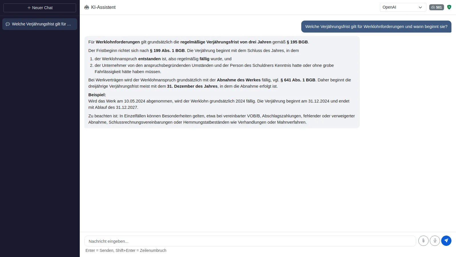 exlega KI-Assistent im Chat mit dem Inhalt einer Akte